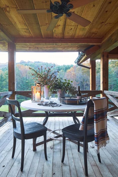 RX_1910_Fishing Cabin_Porch Dining Table 1950s Cabin, Small Porch Ideas, Brick Porch, White Porch, Blue Patio, 1950s House, Shenandoah Valley, Small Front Porches, Natural Selection