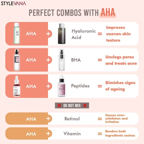 Aha And Bha Benefits, Aha Benefits For Skin, Skin Ingredient Combinations, Retinol Pairing, Skincare Pairing, Aha Skincare, Aha Products, Skin Care Routine Products, Korean Skin Care Secrets