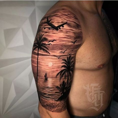 Beach Tattoo Sleeve For Men, Island Sleeve Tattoo, Shoulder Beach Tattoo, Carribean Tattoos Men, Beach Chest Tattoo, Realistic Ocean Tattoo, Tropical Tattoo For Men, Beach Tattoo Sleeve, Beach Sleeve Tattoo