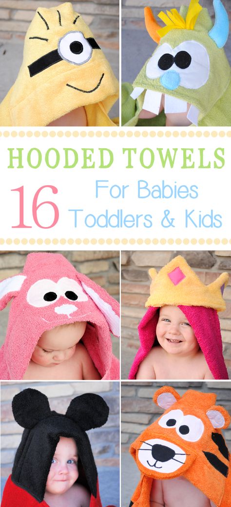 Here are 16 hooded towels for kids and babies with tutorial and patterns. From Sharks to Lions and Bunnies to Princesses,. Hooded Towels, Hooded Baby Towel, Sew Ins, Trendy Sewing, Towels Kids, Baby Sewing Projects, Baby Projects, Hooded Towel, Sewing Projects For Beginners