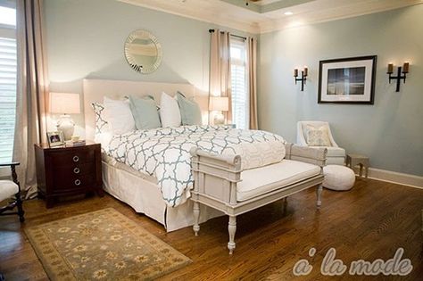 this is the color i chose from my paint chip for my bedroom! i love it even more now! comfort gray from sherwin williams. Loving her whole house at alamodemaven.com Bedroom Sea Salt, Sherwin Williams Comfort Gray, Pale Blue Bedrooms, Blue Bedroom Walls, Comfort Gray, Bedroom Remodel, Green Bedroom, Basement Bedrooms, Dreamy Bedrooms