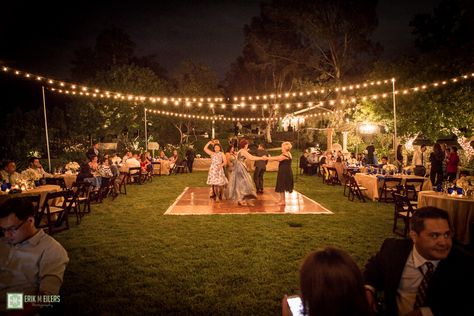 Garden wedding with string lights Garden Small Wedding, Wedding In Garage, Unique Wedding Dance Floor Ideas, Night Time Garden Wedding, Outdoor Southern Wedding, Backyard 60th Birthday Party Ideas, Bulb Lights Wedding, Field Reception, Field Wedding Reception