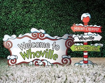 Welcome To Whoville Sign, Diy Whoville Decorations, Whoville Christmas Decorations Diy, Diy Whoville, Whoville Sign, Whoville Decorations, Welcome To Whoville, Grinch Yard Decorations, Whoville Christmas Decorations