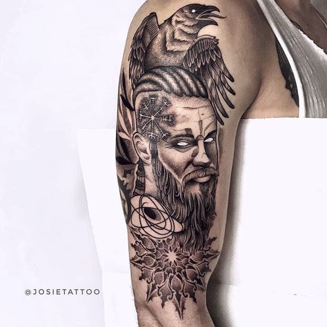 Tatuagem criada por Josiene Dal-bó de Vitória. Clique para conhecer mais sobre essa artista.    #tattoo #tatuagem #art #arte #colorido #pontilhismo Ragnar Lothbrok Tattoo, Vikings Tattoo, Vikings Ragnar, Mythology Tattoos, Ragnar Lothbrok, Viking Art, Nerd Geek, Couple Tattoos, Tattoo Lettering