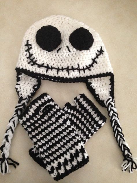 Jack Skellington hat and wristers Crochet Character Hats, Crochet Skull, Flap Hat, Crocheted Hats, Ear Flap Hats, Crocheted Hat, Halloween Crochet Patterns, Crochet Gloves, Halloween Crochet