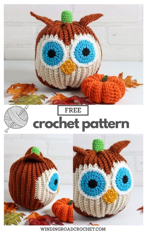 Free crochet pattern for a cute owl crochet pumpkin by Winding Road Crochet. Amigurumi Turkey Free Pattern, Winding Road Crochet, Crochet Pour Halloween, Owl Pumpkin, Unicorn Pumpkin, Owl Crochet Patterns, Yarn Patterns, Crochet Unique, Fall Crochet Patterns