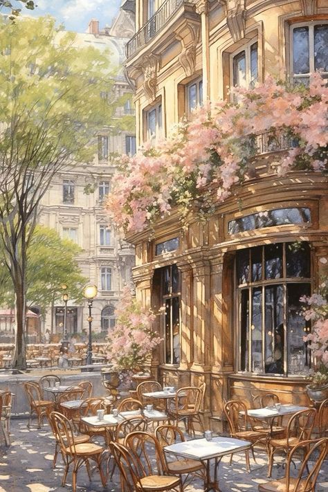 painting by artworkoria Peisaj Urban, Outdoor Cafe, Aesthetic Painting, Painting Wallpaper, Dreamy Art, Pretty Places, الرسومات اللطيفة, Scenery Wallpaper, Anime Scenery