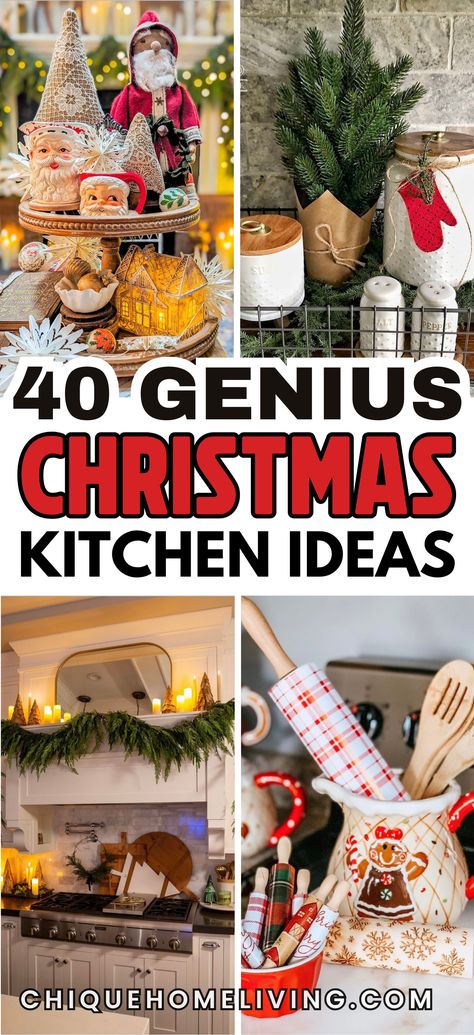 Bring the holiday cheer to the heart of your home with these Christmas Kitchen Decor Ideas! From festive wreaths on cabinets to miniature Christmas trees on countertops, and holiday-themed dish towels and mugs, these ideas will instantly warm up your kitchen for the season. Consider adding garlands and fairy lights along shelves or creating a cozy hot cocoa station for a charming holiday touch. Christmas Decor Ideas For Kitchen Counter, Christmas Decor In The Kitchen, Countertop Christmas Decor, Christmas Countertop Decor Ideas, Wreaths On Cabinets, Above Cabinet Christmas Decor, Christmas Decor Above Kitchen Cabinets, Christmas Cabinets Decorating Ideas, Kitchen Cabinet Christmas Decor