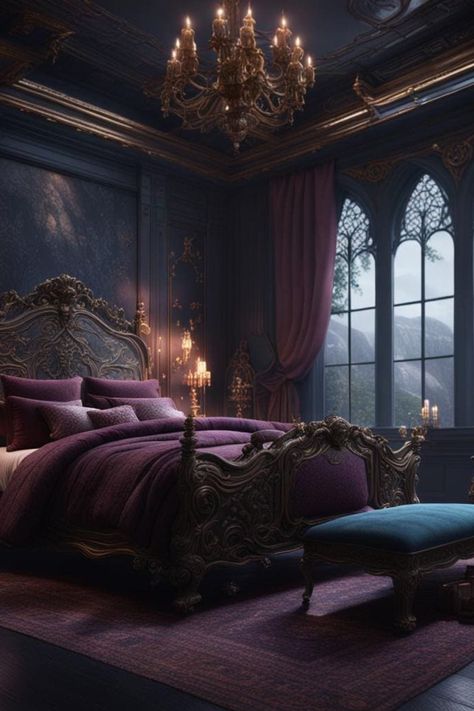 Explore 34 Dark Feminine Bedroom Ideas where sophistication meets comfort. These concepts blend dark, romantic aesthetics with feminine touches to create cozy and chic spaces. Dark Romantic Academia, Bedroom Sanctuary Ideas, Gothic Bedrooms, Feminine Bedroom Ideas, Manor Bedroom, Moody Romantic Bedroom, Dark Feminine Bedroom, Dark Cozy Bedroom, French Manor