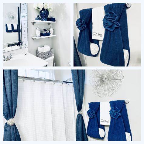 Beautiful modern farmhouse guest bathroom Blue Restroom Ideas Decor, Black White And Blue Bathroom Ideas, Navy Blue And White Bathroom Decor Ideas, Black And Blue Bathroom Decor, Gray And Blue Bathroom Ideas Decor, Black White And Gray Bathroom Decor Color Schemes, Silver And Blue Bathroom Decor, Restroom Decor Ideas Colors, Bathroom Decor Ideas Colors Blue