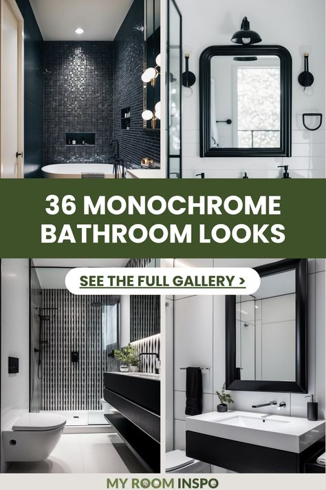 Explore 4 different images showcasing 36 stunning monochrome bathroom looks with stylish designs that highlight modern decor trends. Perfect for inspiring your next bathroom makeover with black and white themes. Black White Shower Room, Black And White Tile Shower Ideas, Black And White Powder Room Ideas, Monochrome Bathroom Ideas, Black Floor Bathroom, Black And White Bathroom Tile, Black And White Powder Room, White Tile Paint, Tile Around Tub