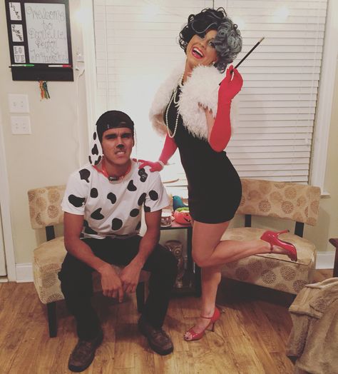 My DIY Cruella De Vil & Her Dalmation Costume for Halloween 2015! Creative Couples Costumes, Dalmation Costume, Couples Costumes For Halloween, Disney Couple Costumes, Cruella Deville Costume, Couples Costumes Creative, Halloween Creative, Halloween Coustumes, Costumes For Halloween