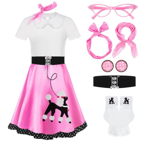 PRICES MAY VARY. 1950s Girls Costume Set: this package of the 1950s costumes for your kids includes 1 poodle skirt, 1 white short sleeve shirt, 1 chiffon scarf, 1 pair of stylish eyeglasses, 1 headband, 1 pair of earrings, 1 belt, 1 pair of white socks; Ideal for Halloween party decorations Comfortable and Quality Materials: the 50s kids outfit is designed durability; The poodle skirt is made of satin fabric; The white shirt is a blend of polyester and cotton, ensuring a soft and breathable fit; Kids Sock Hop Outfit, 50s Outfits For Girls, 50s Headband, Kids Poodle Skirt, Sock Hop Outfits, 1950s Costumes, Poodle Skirt Costume, 1950s Girls, 1950s Costume