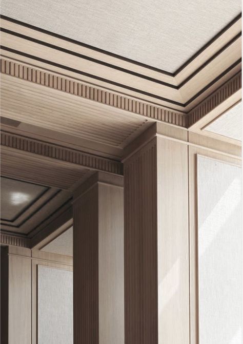 Paneling On Vaulted Ceiling, Wall Molding Detail, Fluted Crown Molding, Modern Molding Ceiling, Parisian Ceiling Moulding, Painted Millwork, Ceiling Interior Design, Molding Ceiling, Ceiling Details