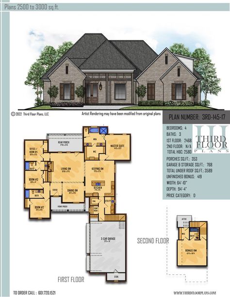 $800.00 House Plan 9 sets Large Walk In Closet, Computer Nook, Keeping Room, 3 Car Garage, Tub Shower, Home Plan, Metal Homes, Bath House, Farmhouse Design