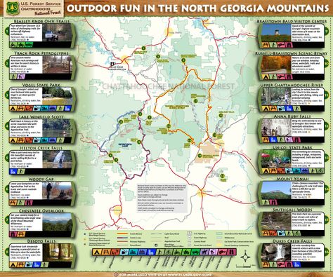 Map of driving tours in north Georgia Ohv Trails, Forest Map, Walking Map, Chattahoochee National Forest, Chattahoochee River, North Georgia Mountains, Georgia Mountains, Scenic Byway, Forest Service