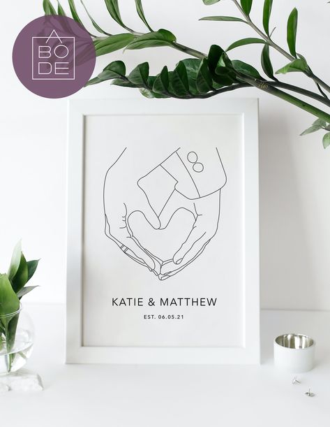 Line art drawing of couple holding hands forming heart shape with couple names and wedding date Engagement Drawing Couple Art, Couple Name Painting Ideas, Name Drawings, Engagement Dinner, Hand Lines, Couple Holding Hands, Photo Frame Gift, Personalized Greeting Cards, Hand Lettering Art