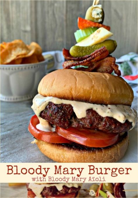 This Bloody Mary Burger with Bloody Mary Aïoli is sure to be your new favorite burger! Perfectly spiced like that cocktail favorite, and ready to be devoured! Burger Aioli, Burger Dogs, Creamy Garlic Sauce, Seasoned Bread Crumbs, Gourmet Burgers, Burgers Sandwiches, Chapati, Veggie Burger, Wrap Sandwiches