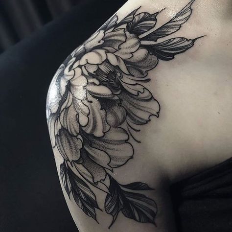 Neck Floral Tattoo, Dark Flower Tattoos, Black Peony Tattoo, Peony Shoulder Tattoo, Dark Flower Tattoo, Cranes Tattoo, Shoulder Flower Tattoo, Shoulder Cap Tattoo, Flower Shoulder Tattoo