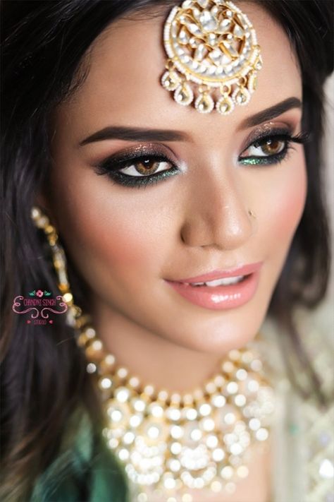 Makeup by Chandni Singh Green Indian Makeup, Green Makeup Looks Indian, Green Lehenga Makeup Look, Green Indian Outfit, Green Indian Dress, Green Suit Women, Dark Green Lehenga, 2024 Makeup, Indian Makeup Looks