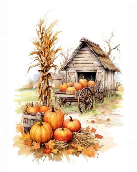 Akvarel Illustration, Pumpkin Field, Pumpkin Clipart, Pumpkin Farm, Autumn Illustration, Autumn Nature, Fete Halloween, Decoupage Paper, Farm Yard