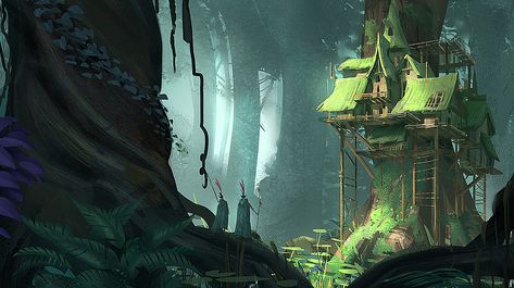 Jungle Tree House, Aaron Pham on ArtStation at https://www.artstation.com/artwork/69onO Treehouse Drawing, Drawing Jungle, Tree House Drawing, House In The Forest, Jungle Tree, House Concept, Jungle House, Fantasy Tree, Fantasy Background