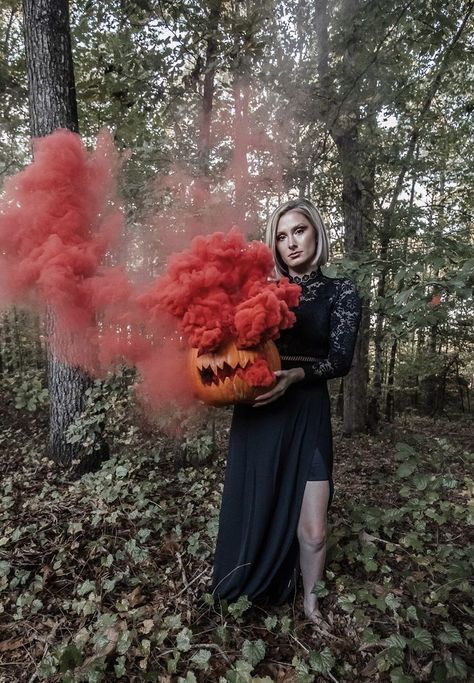 Halloween smoke bomb photography. Black lace chic witch costume. Red smoke photo Witch Photos, Halloween Photography, Slow Shutter Speed, Slow Shutter, Halloween Photoshoot, Outdoor Photoshoot, Halloween Inspo, Halloween Photos, Cool Poses