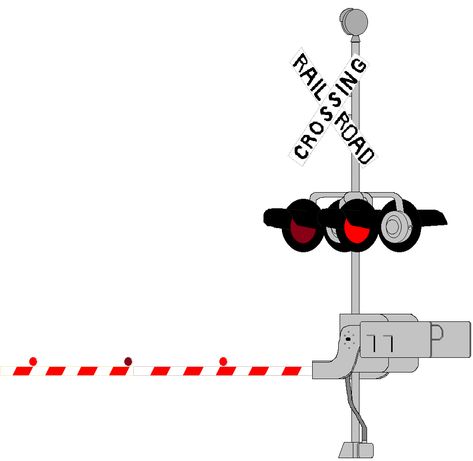 A railroad crossing signal from a frontal-side view with red lights, a bell, and a gate with lights on it. Paper Train, Railroad Crossing, Red Lights, All Aboard, Side View, Light Red, Gate, Siding, Chicago