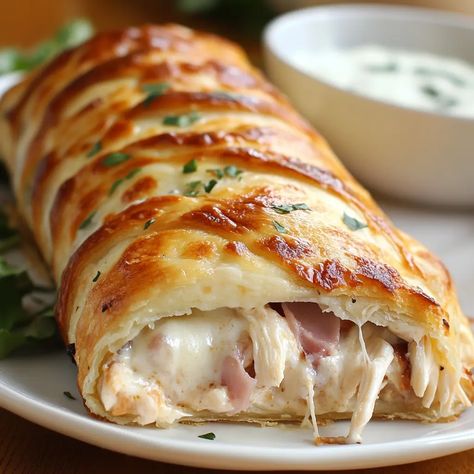 Chicken Cordon Bleu Stromboli Chicken Stromboli Recipe, Chicken Stromboli, Shredded Cooked Chicken, Homemade Stromboli, Undercooked Chicken, Refrigerated Pizza Dough, Stromboli Recipe, Golden Chicken, Light Soups