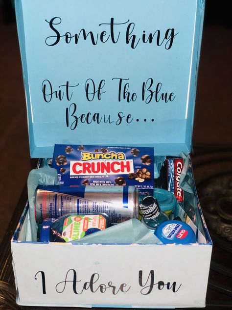 Out of the blue. Cricut. Boyfriend gift. Girlfriend. Gift boxes. Gifts For Boyfriend Just Because Random, Cute Gifts For Him Just Because, Just Because Presents For Boyfriend, Suprise Boxes Ideas For Boyfriend, Crafts For Boyfriend Just Because, Boyfriend Gifts Just Because, Cute Gifts For Your Boyfriend Just Because, Cute Ideas For Girlfriend Just Because, Welcome Home Basket For Girlfriend