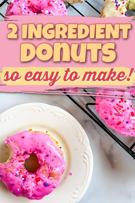 a pink donut with a bite in it on a white plate Baked Cake Mix Donut Recipe, Mini Donut Maker Recipes, Cake Mix Donuts Recipe, Cake Donuts Baked, Two Ingredient Cakes, Easy Donut Recipe Baked, Donut Maker Recipes, Healthy Donuts Recipe, Baked Donuts Easy