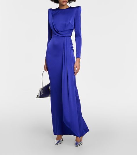 Draped satin gown in blue - Alex Perry | Mytheresa Alex Perry Gown, Alexander Mcqueen Clothing, Sophie Bille Brahe, Bridal Bag, Red Accessories, Alex Perry, Long Sleeve Evening Dresses, Hip Hop Culture, Satin Gown