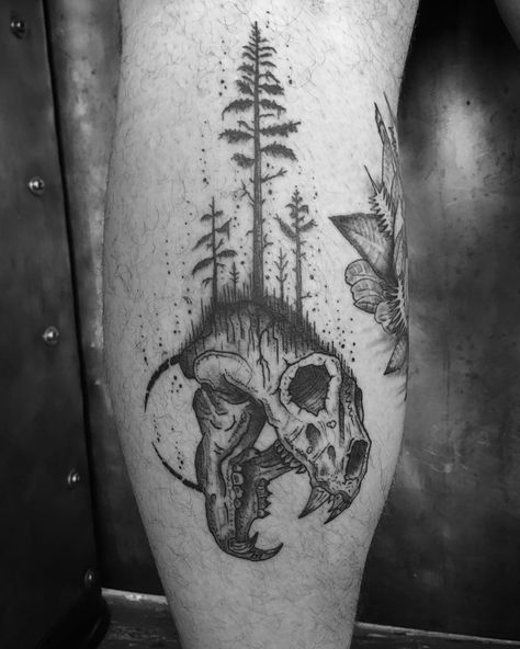 Bear Skull Tattoo, Bear Skull, Half Skull, Forest Tattoos, Tree Tattoo, Skull Tattoos, Moon Tattoo, Thigh Tattoo, Body Mods