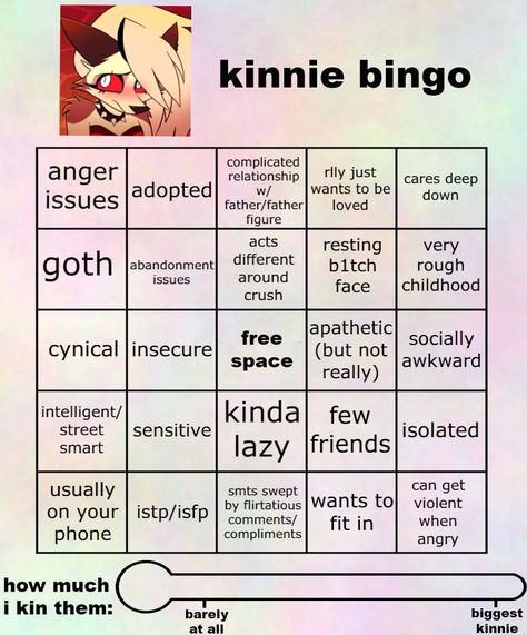 template by: @strawberrymilkxoxo / media: helluva boss Husk Kinnie Bingo, Kinnie Bingo Helluva Boss, Helluva Boss Template, Helluva Boss Kinnie Bingo, Alastor Kinnie Bingo, Hu Tao Kinnie Bingo, Hazbin Hotel Bingo, Hazbin Hotel Kinnie Bingo, Chuuya Bingo Kin