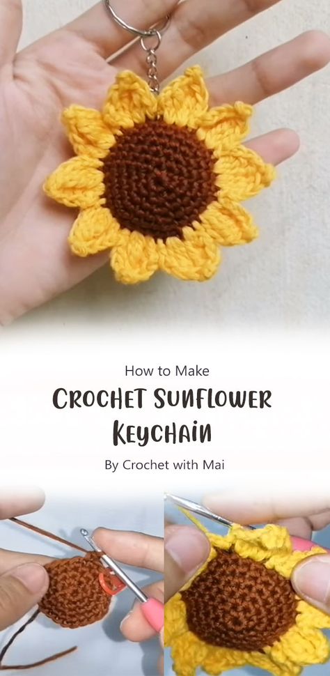 With the help of the Crochet with Mai video tutorial, you’ll learn how to make an adorable sunflower keychain - perfect for adding a touch of sunshine to your keys, bags, or even as a heartfelt gift for a loved one. Let’s get started! Crochet Sunflower Keychain Pattern Free, Sunflower Crochet Keychain, Crochet Sunflower Pattern Free, Crochet Flower Keychain, Sunflower Keychain, Sunflower Crochet, Crochet Bookmark Pattern, Tutorial Ideas, Crochet Keychain Pattern