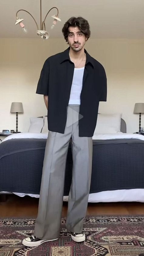 Men’s Wide Leg Pants Outfit, Grey Pants Outfit Mens Street Styles, Gray Outfit Men, Wide Leg Pants Outfit Men, Grey Pants Outfit, Legs Outfit, Wide Leg Pants Outfit, Pants Outfit Men, Trendy Boy Outfits