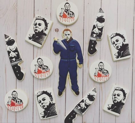 Michael Myers Cookies, Michael Myers Birthday Party, Horror Movie Cookies, Horror Cookies, Hunter Birthday, Demon Aesthetic, Cookie Decorations, Decorative Cookies, Bake Goods