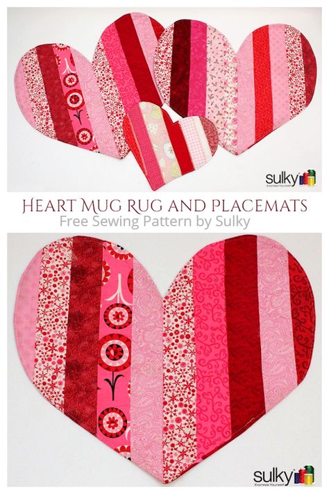 Heart Applique Patterns Free, Heart Quilt Blocks Free Pattern Simple, Mug Rug Patterns Free, Valentine Mug Rugs, Valentines Sewing, Quilting Gifts, Fabric Art Diy, Kitchen Sewing, Simple Valentines