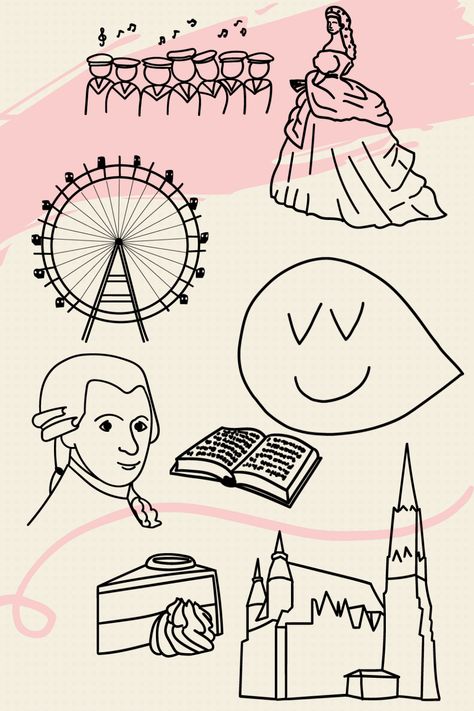 Vienna Drawing, Austria Tattoo, Vienna Illustration, Vienna Tattoo, Travel Symbols, City Tattoo, Quirky Illustration, Drawing Journal, Symbol Tattoos