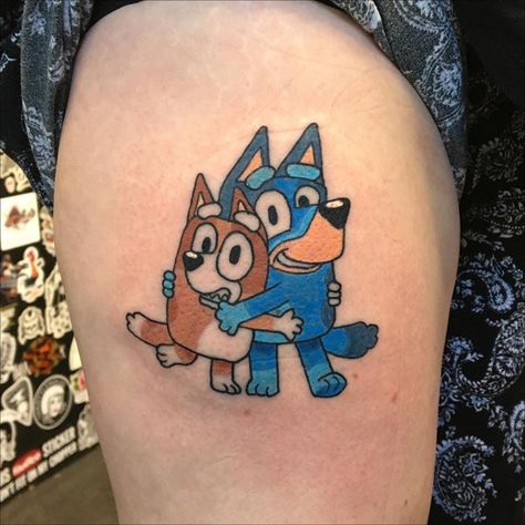 Bluey Bingo Tattoos, Bluey Bingo Tattoo, Bluey Cartoon Tattoo Ideas, Bluey Cartoon Tattoo, Bluey Tattoo Ideas, Bluey Tattoos, Couple Tat, Upper Thigh Tattoos, Bluey Cartoon