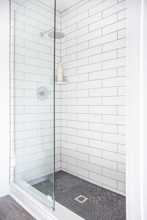 DOVE HILL MASTER BATHROOM SHOWER REVEAL Shower With White Subway Tile, Bathroom Renovation Shower, White Subway Tile Bathroom, Bathroom Renovation Diy, Tile Selection, Shower Renovation, Architecture Renovation, Tile Renovation, Subway Tiles Bathroom