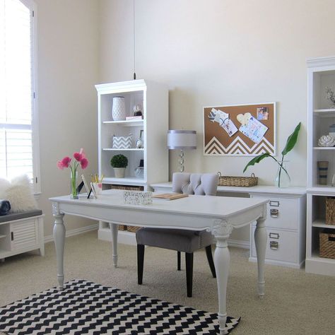 HUGE difference !  Love this! Shabby Chic Office Furniture, Chic Office Furniture, Chic Office Desks, Offices Ideas, White Office Decor, Chic Office Space, Chic Office Decor, Shabby Chic Office, Shabby Chic Desk