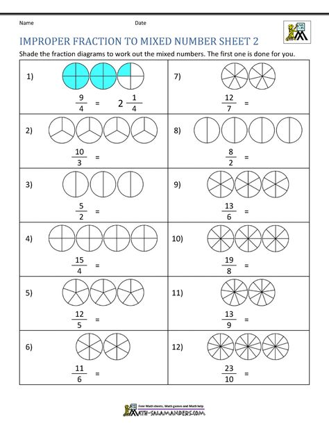 Shade the correct improper fraction using the diagrams to work out the correct mixed number. Adding Mixed Fractions, Fractions Worksheets Grade 5, Mixed Fractions Worksheets, Maths Fractions, Multiplying Mixed Numbers, Mixed Fractions, Fractions Multiplication, Simplifying Fractions, Numbers Worksheets