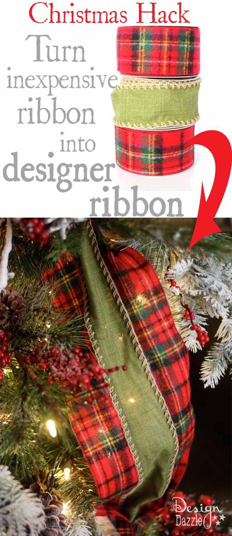 It’s so hard to find "high-end" wide designer ribbon that isn’t outrageously expensive. I took 3 rolls of ribbon (on sale) used a glue gun and a metal spoon and turned it into designer ribbon! Design Dazzle #christmasribbon #christmashacks Christmas Tree With Ribbon, Tree With Ribbon, Budget Christmas Gifts, Christmas Preparation, Christmas Hacks, Ribbon On Christmas Tree, Christmas On A Budget, Tree Ideas, Christmas Ribbon