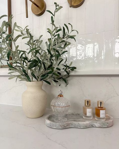 Marble Tray Bathroom, Bathroom Countertop Decor, Moody Powder Room, Olive Plant, Countertop Decor, Bathroom Tray, Marble Tray, Bathroom Countertop, Neutral Home