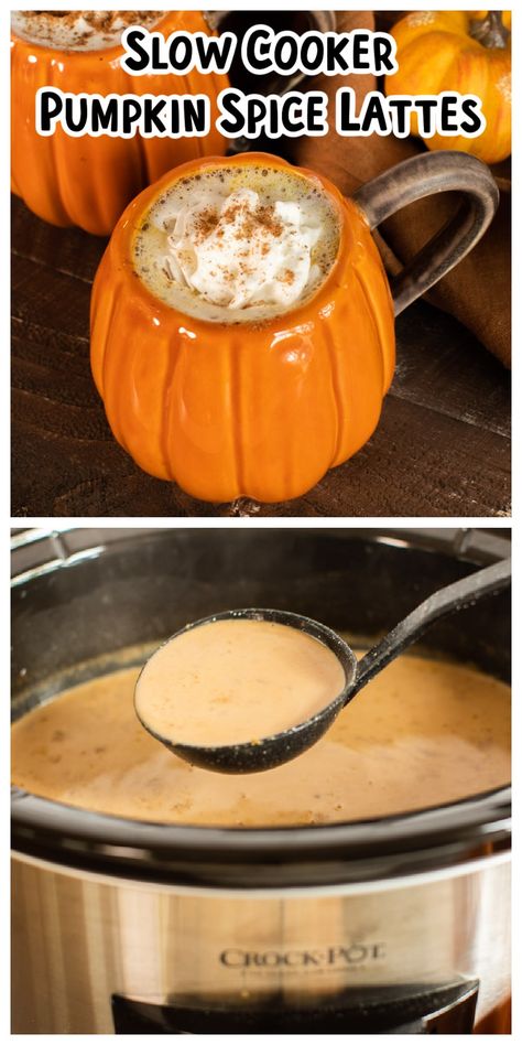 Make Pumpkin Spice Lattes for a crowd! These slow cooker pumpkin spice lattes are perfected sweetened and spiced. Great for any fall or winter party. #pumpkinspice #psl #crockpot #fall Pumpkin Spice Crockpot Drink, Crock Pot Pumpkin Spice Latte, Pumpkin Spice Appetizers, Crockpot Beverages, Pumpkin Spice Latte Crockpot, Halloween Crockpot Recipes, Slow Cooker Drinks, Crockpot Drinks, Fall Friday