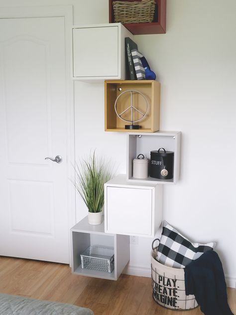 These cubes are so versatile. Arrange them depending on your needs and dimensions. This is such a fun boys room. Kids room. Playroom. Wall decor. Ikea hack. Storage solution. Eket Ikea Wall Ideas, Ikea Sleeping Room, Eket Playroom, Ikea Eket Wall, Eket Ikea Ideas Kids, Eket Ikea Ideas Living Room, Eket Ikea Hacks, Fun Boys Room, Eket Ikea