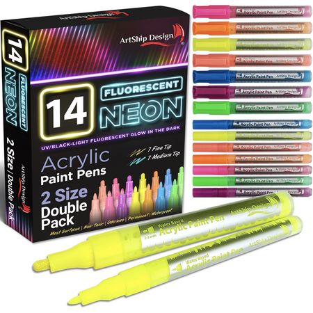 ArtShip Design's Unique Fluorescent Neon Acrylic Paint Pens Fluoresce under UV or Black light for a glow-in-the-dark effect! This Double Pack includes 7 Medium Tip Black Pens and 7 Extra Fine Tip Black Pens. Add a new level of creativity to your art and crafts. Make rocks glow! Includes Both Extra Fine and Medium Tip Paint Markers, for Rock Painting, Mug, Ceramic, Glass, and More, Water-Based Non-Toxic and No Odor. Size: 14 Pack.  Color: Multicolor. Markers For Rock Painting, Fluorescent Painting, Fluorescent Paint, Uv Black Light, Water Based Acrylic Paint, Neon Painting, Acrylic Paint Pens, Black Acrylic Paint, Highlighters Markers