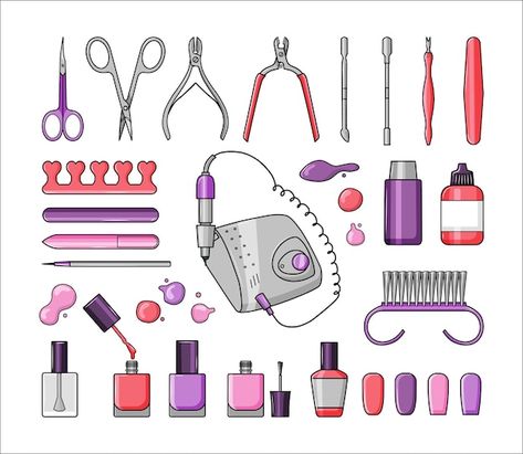 Set of manicure tools, nail polishes Pre... | Premium Vector #Freepik #vector #nail-clipper #nail-brush #nail-polish #nail-spa Nail Tech School, Manicure Station, Easter Nail Art Designs, Fake Makeup, Pedicure Supplies, Salon Logo Design, Easter Nail, Nail Salon Decor, Paper Duck