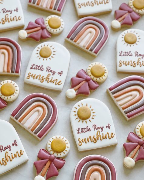 Sunshine Baby Girl Shower Cookies, A Little Ray Of Sunshine Cookies, Ray Of Sunshine Cookies, A Ray Of Sunshine Baby Shower Ideas, Boho Sunshine Baby Shower Ideas, Neutral Rainbow Baby Shower Ideas, Sunshine Baby Shower Cookies, Little Ray Of Sunshine Baby Shower Ideas, Rainbow Themed Baby Shower Ideas